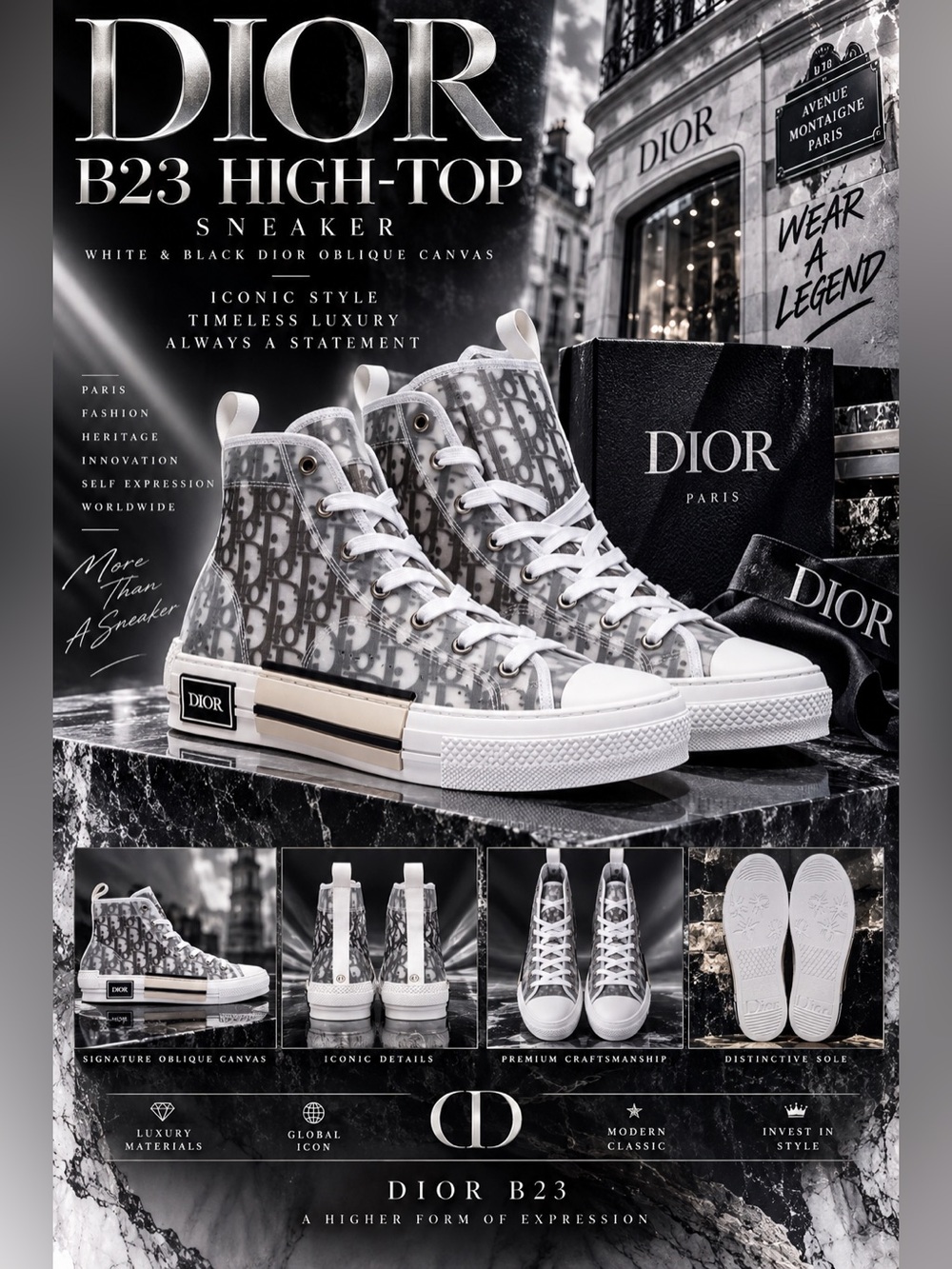 New!🔥Dior B23 High-Top Sneaker in White and Black Dior Oblique Canvas.!🔥